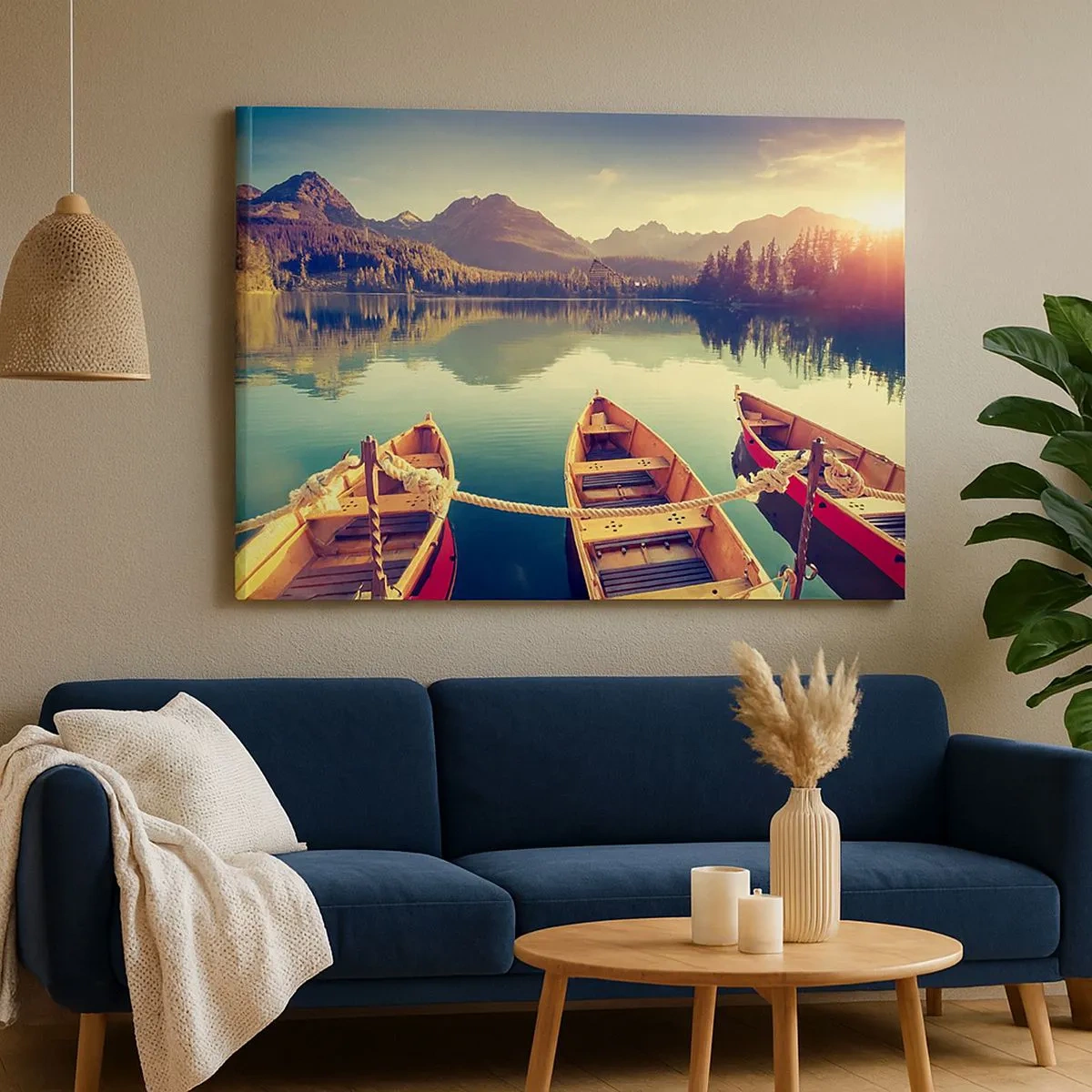 Schilderen op canvas - Boten op een kalm meer omringd door bergen bij zonsondergang - 70x50cm - Leef volgens haar wetten - Moderne wanddecoratie voor woonkamer en slaapkamer ARTTOR