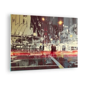 Schilderen op glas - Nachtelijk stadsgezicht met neonlichten en silhouetten van voorbijgangers - 70x50cm - Een grote stadsoversteek - Moderne wanddecoratie voor woonkamer en slaapkamer ARTTOR