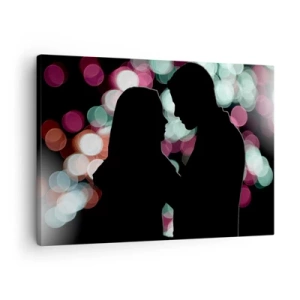 Schilderen op canvas - Silhouetten van een paar tegen een achtergrond van kleurrijke bokehlichten - 70x50cm - Ja! - Moderne wanddecoratie voor woonkamer en slaapkamer ARTTOR