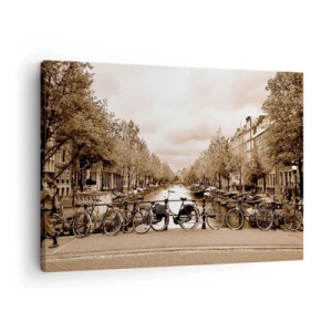 Schilderen op canvas - Fietsbrug over het kanaal in sepia - 70x50cm - Hollandse sfeer - Moderne wanddecoratie voor woonkamer en slaapkamer ARTTOR