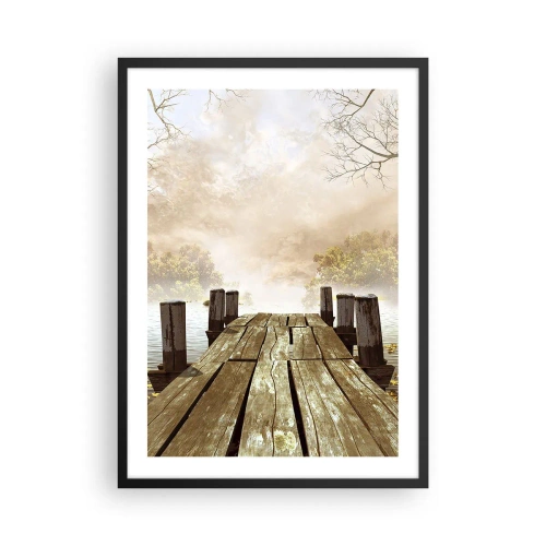Poster in een zwarte lijst - Een oude houten pier boven een meer in een mistige omgeving - 50x70cm - Het milde verdriet van de herfst - Moderne wanddecoratie voor woonkamer en slaapkamer ARTTOR