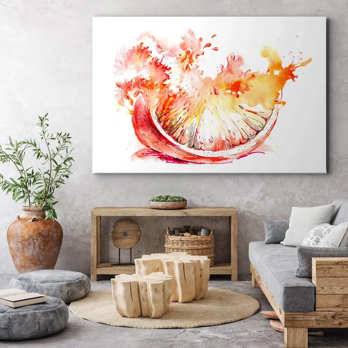 Schilderen op canvas - Een aquarelplak van grapefruit in levendige kleuren - 70x50cm - Sappige verfrissing - Moderne wanddecoratie voor woonkamer en slaapkamer ARTTOR