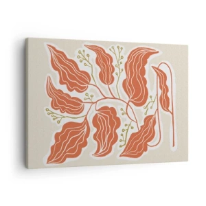 Schilderen op canvas - Een minimalistisch bladmotief in tinten oranje en groen. - 70x50cm - Folk en koraal - Moderne wanddecoratie voor woonkamer en slaapkamer ARTTOR