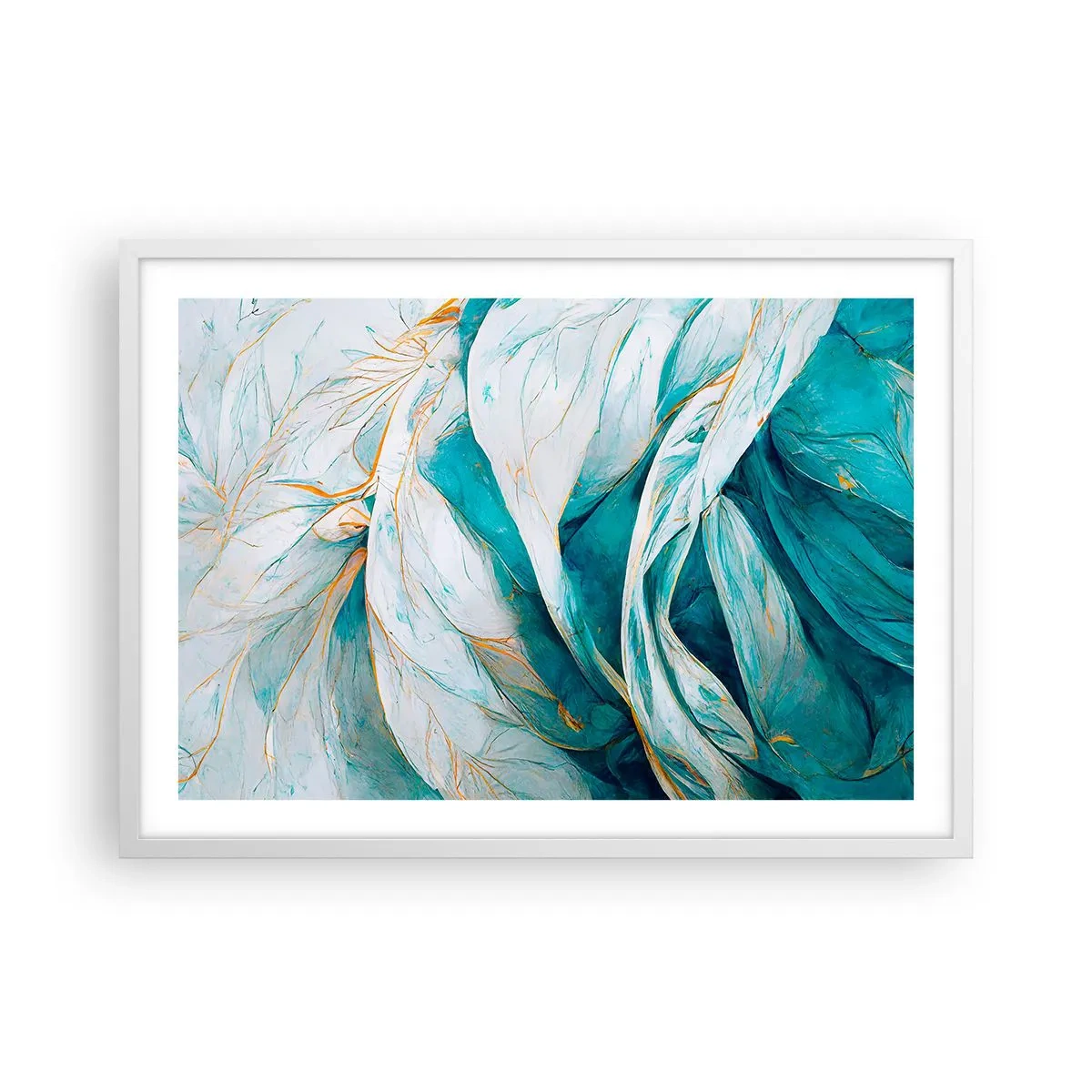 Poster in een witte lijst - Blauwe abstractie met een gouden motief - 70x50 cm
