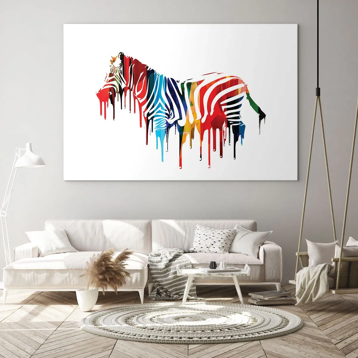 Schilderen op glas - Een kleurrijke zebra in een abstracte vorm met een druppelend verfeffect. - 70x50cm - Niet alleen zwart-wit - Moderne wanddecoratie voor woonkamer en slaapkamer ARTTOR