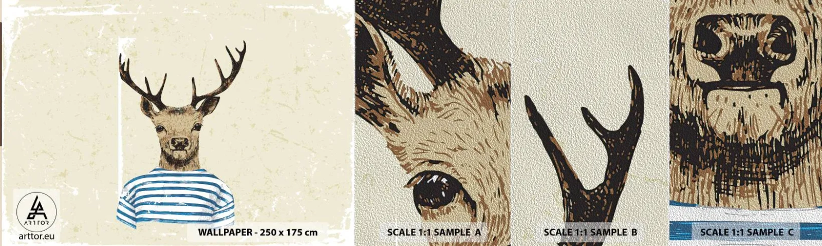 Fotobehang Monster Premium Sand - Omdat ik van gestreepte t-shirts hou! - Abstractie, Hert, Deel - 100x30 cm