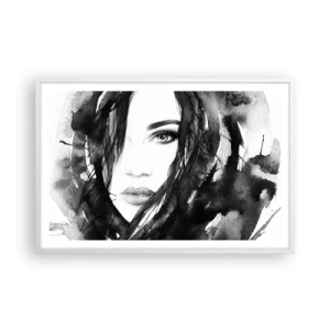 Poster in een witte lijst - Portret van een dame in zwart en wit - 91x61 cm