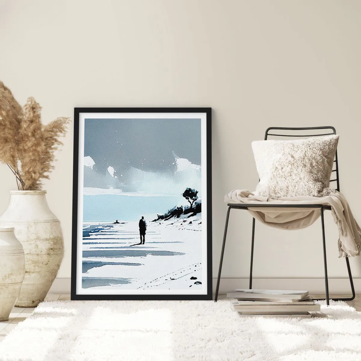 Poster in een zwarte lijst - Een eenzame figuur op het strand in aquareltinten - 50x70cm - Alleen - Moderne wanddecoratie voor woonkamer en slaapkamer ARTTOR