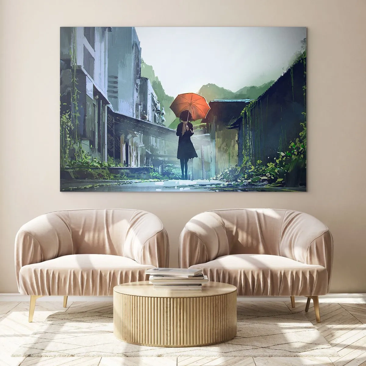 Schilderen op glas - Een figuur met een oranje paraplu op een regenachtige straat - 70x50cm - Verkwikkende regen - Moderne wanddecoratie voor woonkamer en slaapkamer ARTTOR
