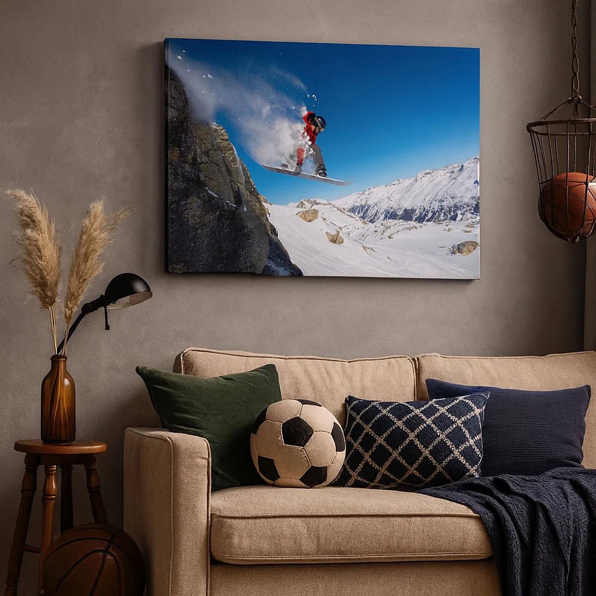 Schilderen op canvas - Een snowboarder springt van een rots tegen een berglandschap - 70x50cm - En je werd een deel van de ruimte - Moderne wanddecoratie voor woonkamer en slaapkamer ARTTOR