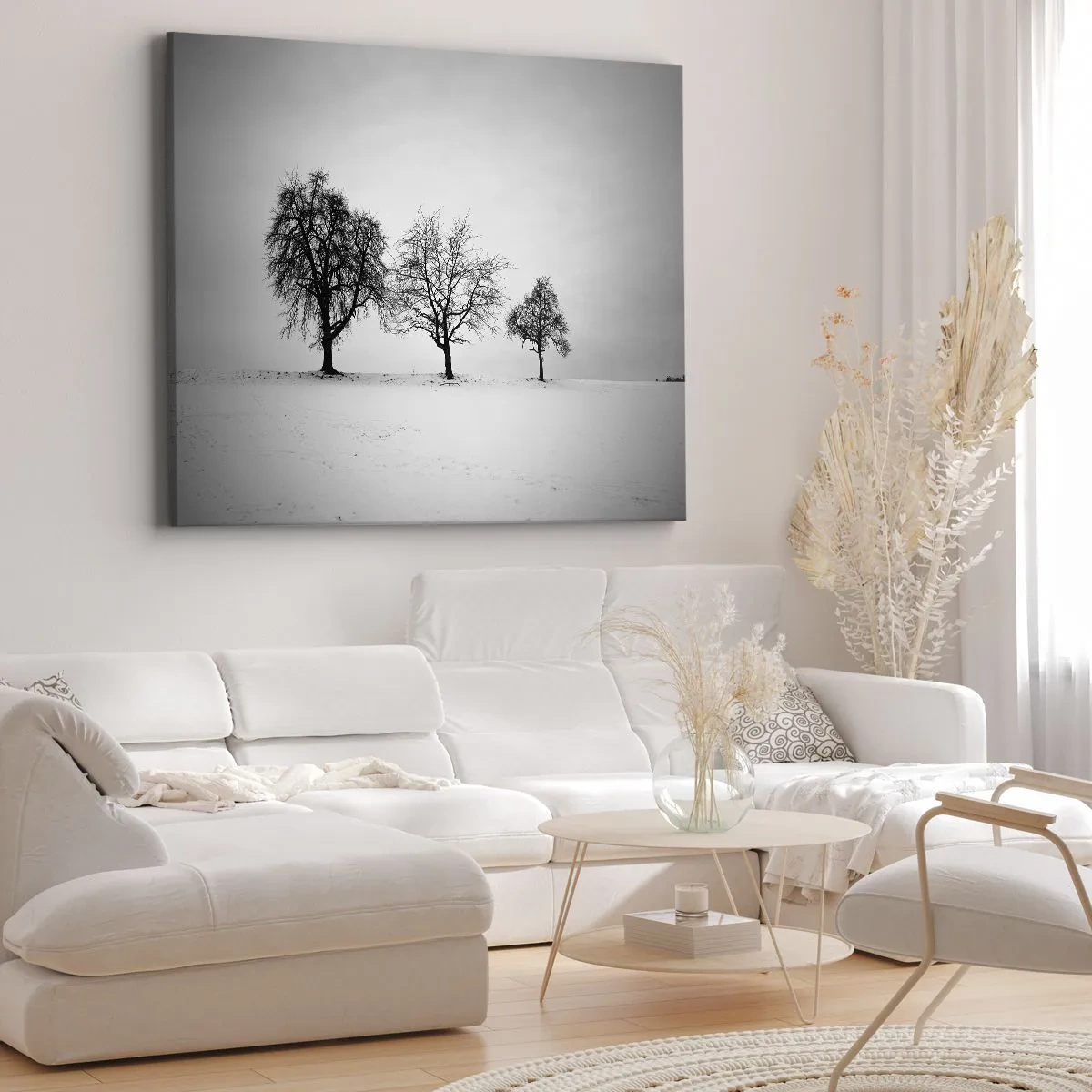 Schilderen op canvas - Drie bomen in een besneeuwd veld in een monochrome stijl - 70x50cm - Waar dromen ze over? - Moderne wanddecoratie voor woonkamer en slaapkamer ARTTOR