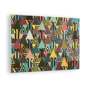 Schilderen op glas - Een abstracte compositie met driehoeken in felle kleuren. - 70x50cm - In ritme op drie - Moderne wanddecoratie voor woonkamer en slaapkamer ARTTOR