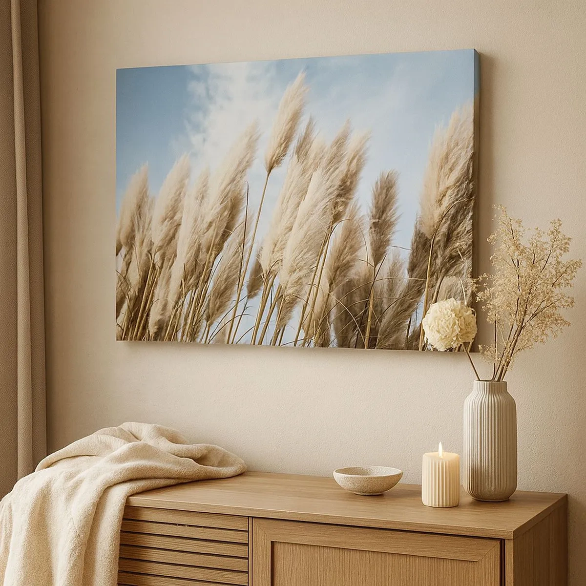 Schilderen op canvas - Delicate pampasgrassen tegen een blauwe lucht met lichte wolken - 70x50cm - Zonnige en winderige streling - Moderne wanddecoratie voor woonkamer en slaapkamer ARTTOR