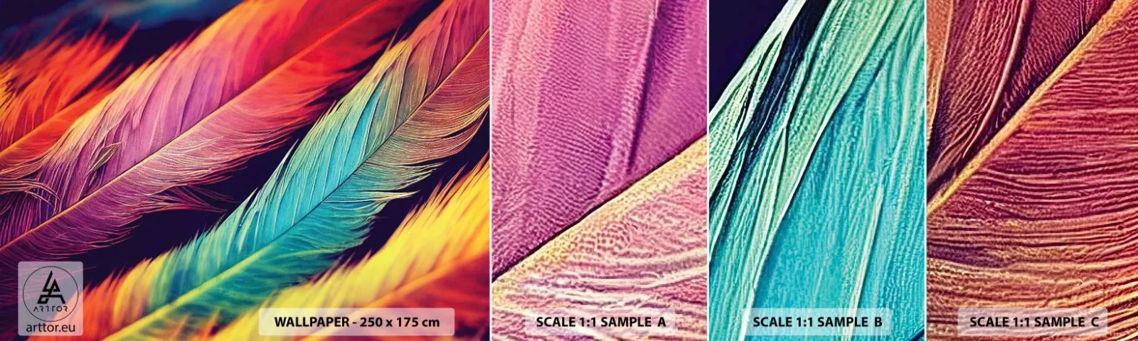 Fotobehang Monster Zelfklevend Deluxe Sticker - Gevederde regenboog - Veren, Licht, Kleurrijk - 100x30 cm