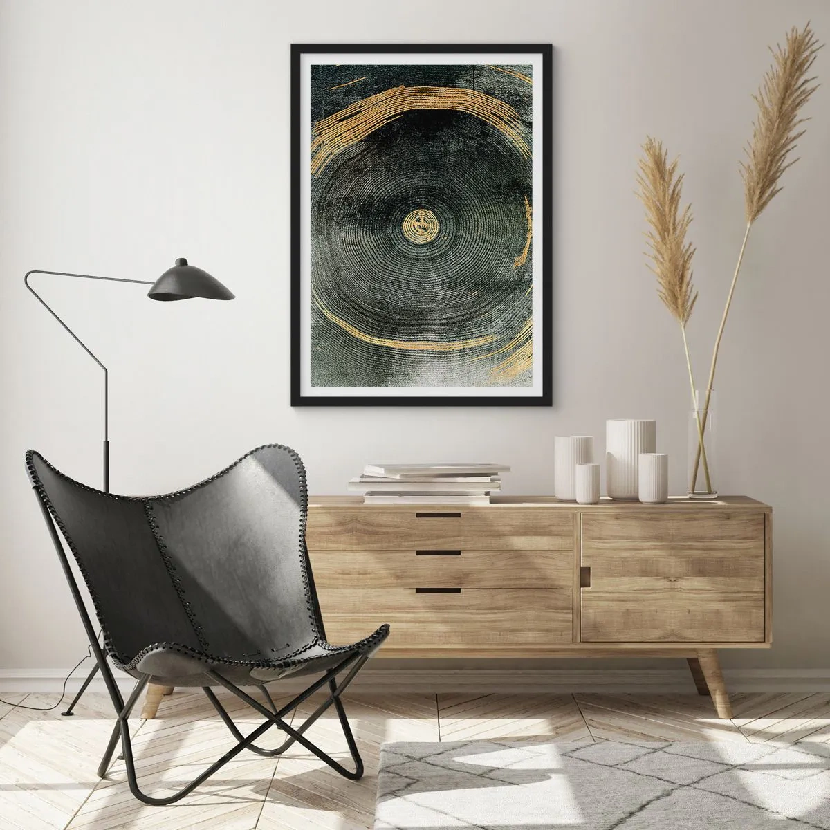 Poster in een zwarte lijst - Abstracte houtnerf in goud- en zwarttinten - 50x70cm - Veranderen en zijn - Moderne wanddecoratie voor woonkamer en slaapkamer ARTTOR