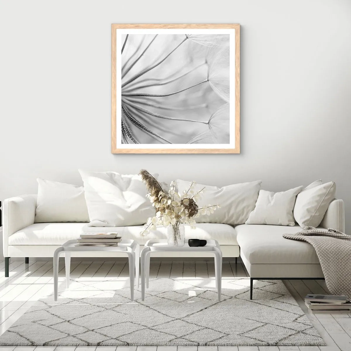 Een poster in een licht eiken lijst - Paardebloemen, vliegers - 60x60 cm