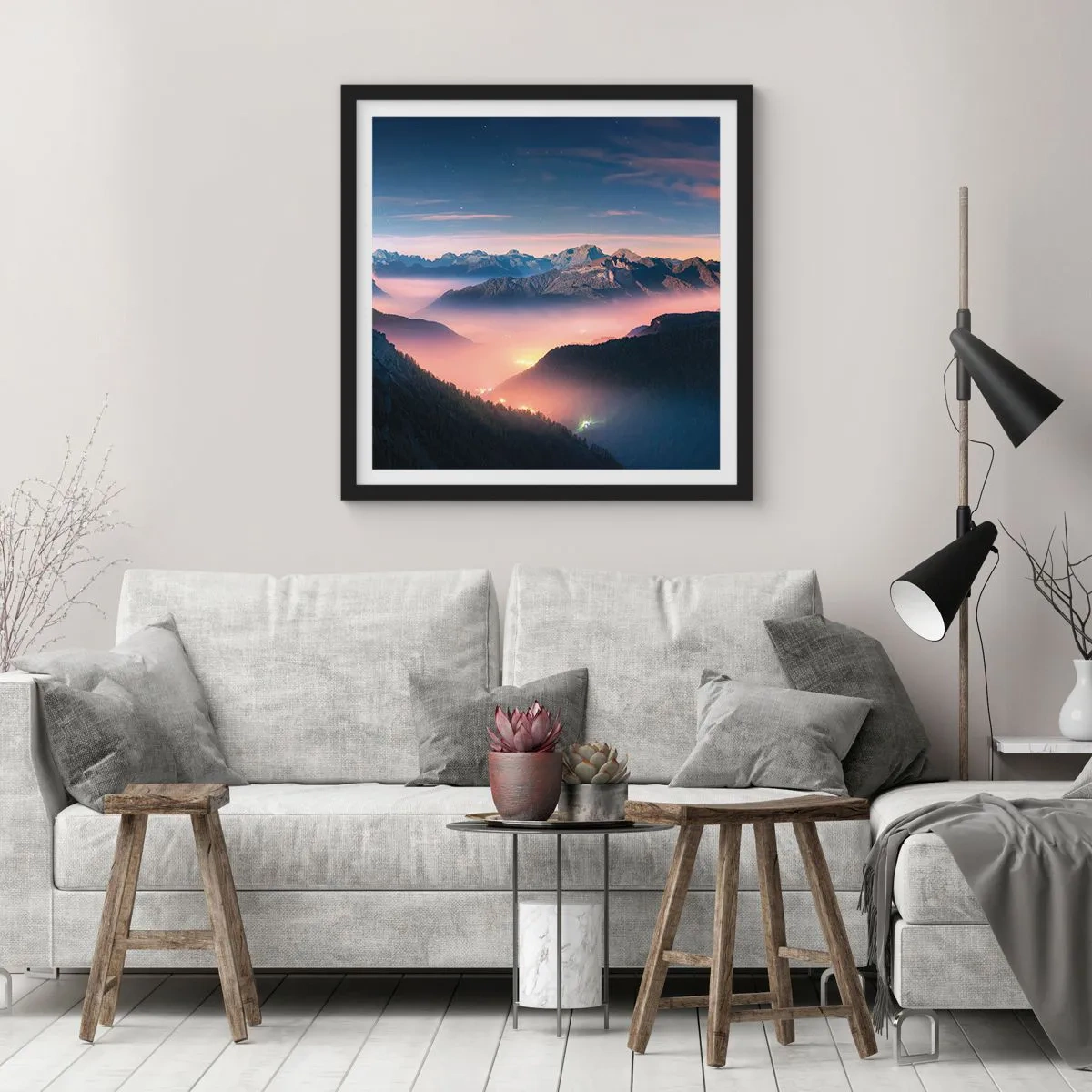 Poster in een zwarte lijst - Licht in de dalen - 30x30 cm