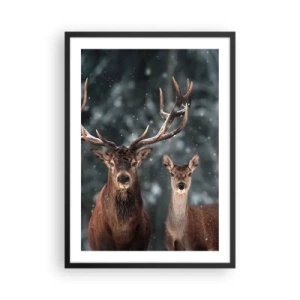 Poster in een zwarte lijst - Een paar herten tegen de achtergrond van een winterbos - 50x70cm - Heer van het bos met zijn vrouw - Moderne wanddecoratie voor woonkamer en slaapkamer ARTTOR