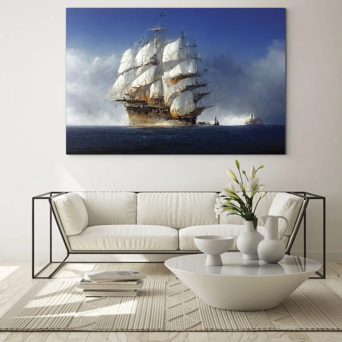 Schilderen op glas - Een zeilschip op volle zee te midden van zeemist - 70x50cm - The great glory! - Moderne wanddecoratie voor woonkamer en slaapkamer ARTTOR