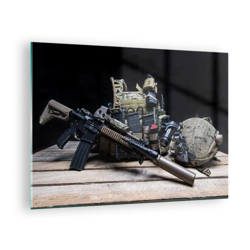 Schilderen op glas - Tactische uitrusting en wapens gerangschikt op een houten tafel - 70x50cm - Rust uit! - Moderne wanddecoratie voor woonkamer en slaapkamer ARTTOR