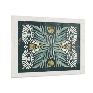 Schilderen op glas - Een symmetrische compositie van bladeren en patronen in een volksstijl - 70x50cm - Als een volksuitsnede - Moderne wanddecoratie voor woonkamer en slaapkamer ARTTOR