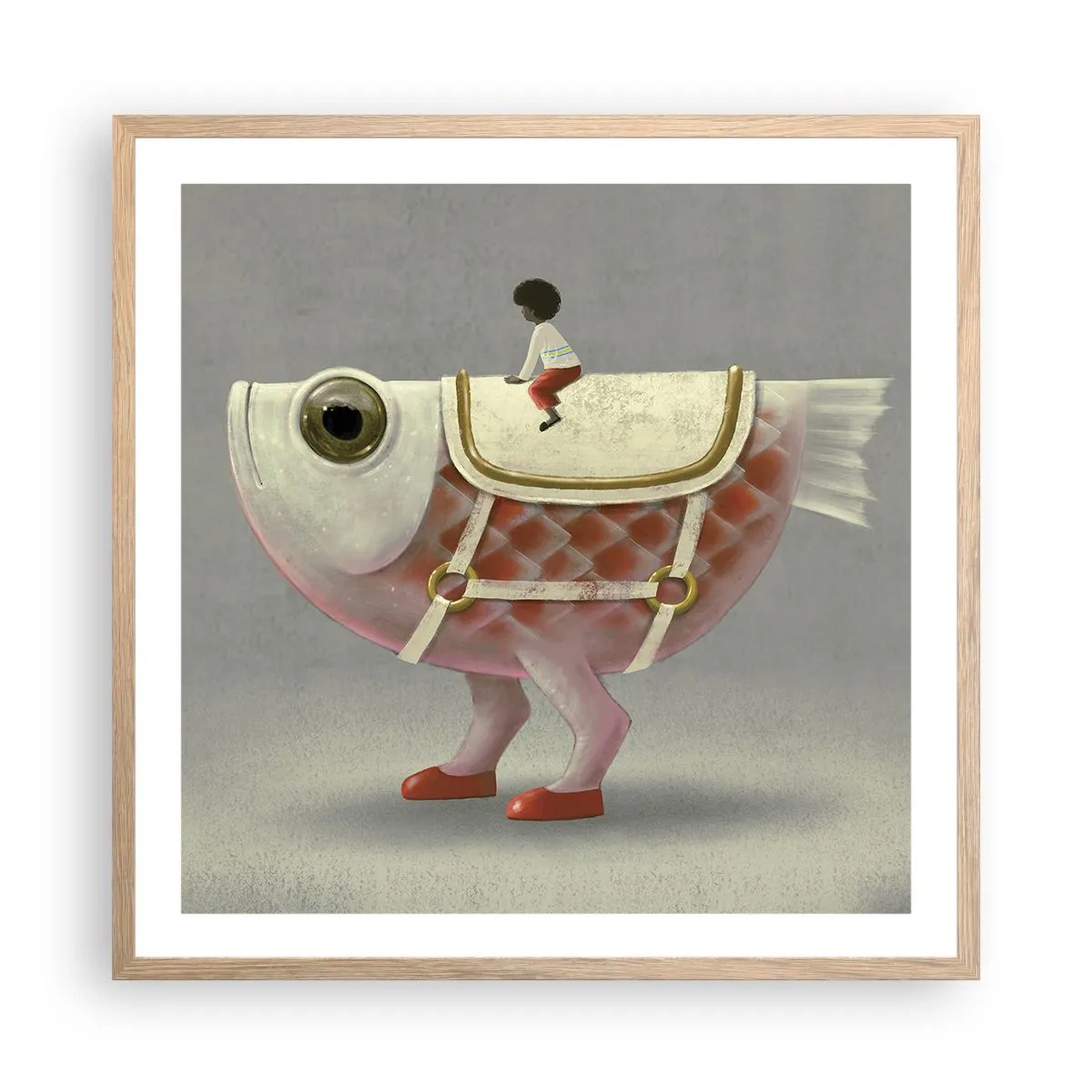 Een poster in een licht eiken lijst - Ruiter op een surrealistische vis - 60x60 cm