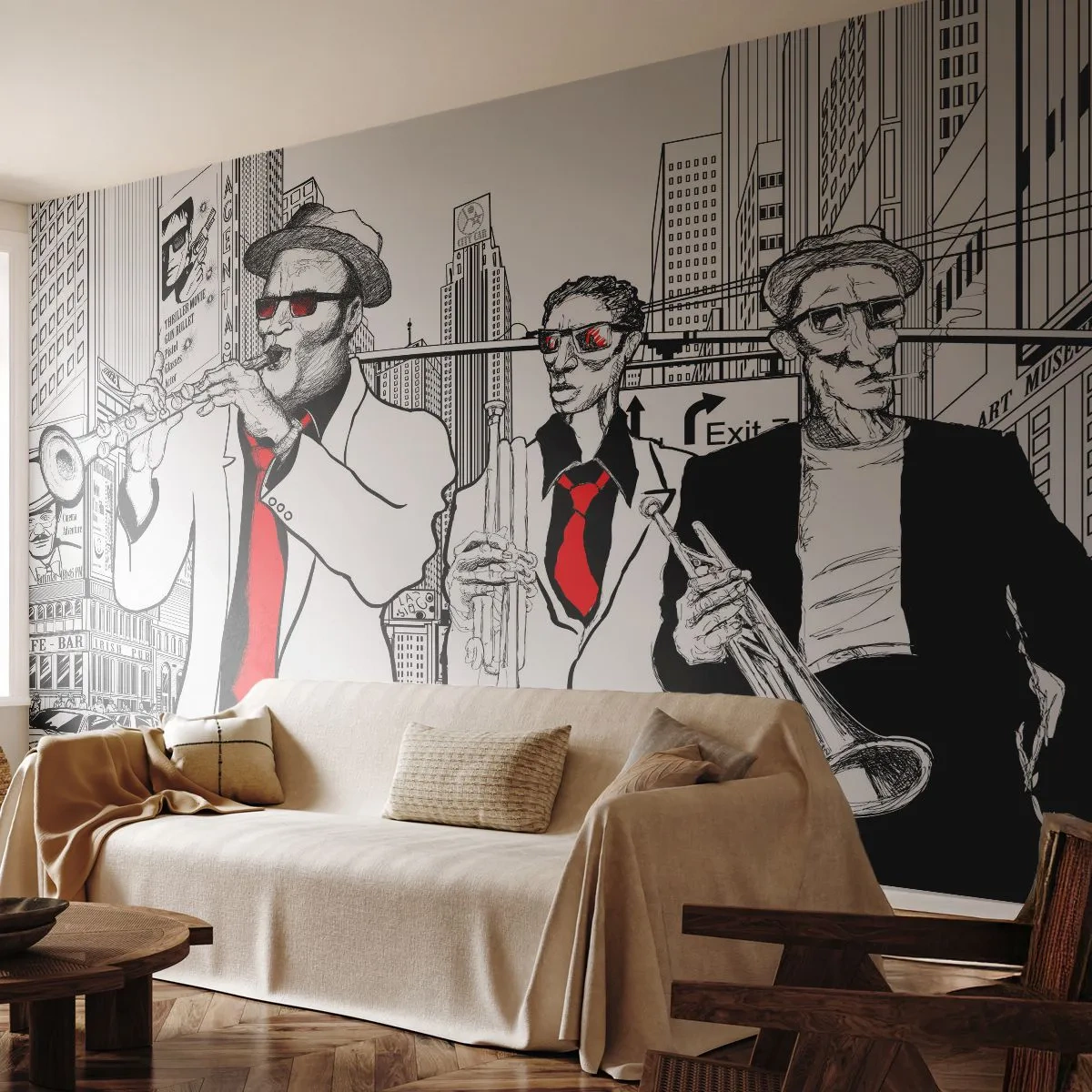 Fotobehang Standard Eco - Urban rapsodie in zwart en rood - New York, Jazz, Muziek - 500x350 cm