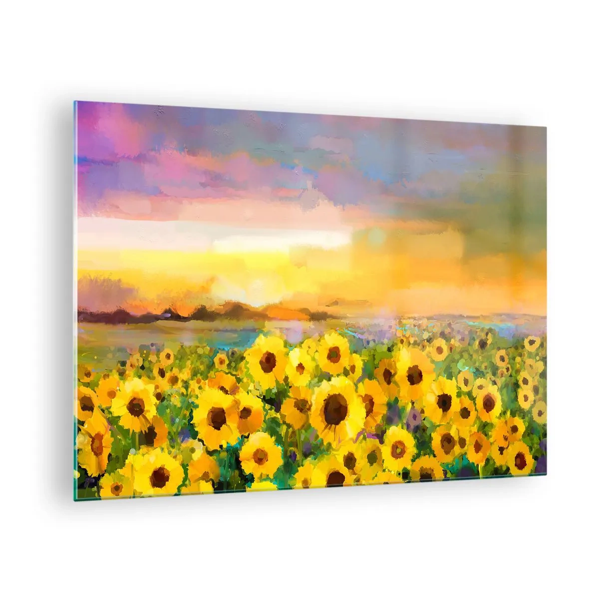 Schilderen op glas - Een veld zonnebloemen in het licht van de ondergaande zon - 70x50cm - De zon zelf daalde naar de aarde - Moderne wanddecoratie voor woonkamer en slaapkamer ARTTOR