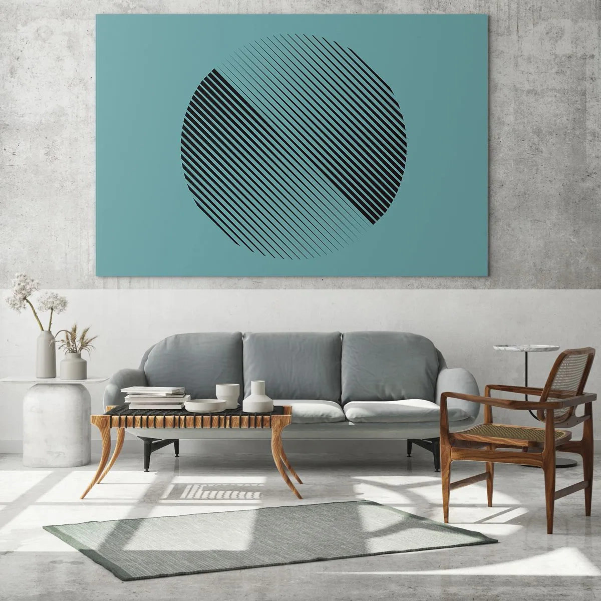 Schilderen op glas - Zwarte lijnen die een cirkel vormen op een turquoise achtergrond - 70x50cm - Cirkel – een geometrische variatie - Moderne wanddecoratie voor woonkamer en slaapkamer ARTTOR