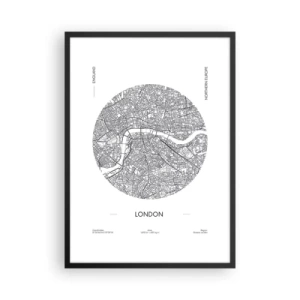 Poster in een zwarte lijst - Een minimalistische zwart-witkaart van Londen - 50x70cm - Anatomie van Londen  - Moderne wanddecoratie voor woonkamer en slaapkamer ARTTOR