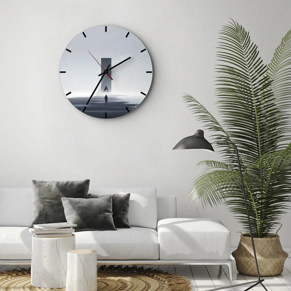 Wandklok - Klok - Een minimalistisch landschap met een figuur en geometrische vorm - 30x30cm - Kans of bedreiging? - Moderne wanddecoratie voor woonkamer, keuken en slaapkamer ARTTOR
