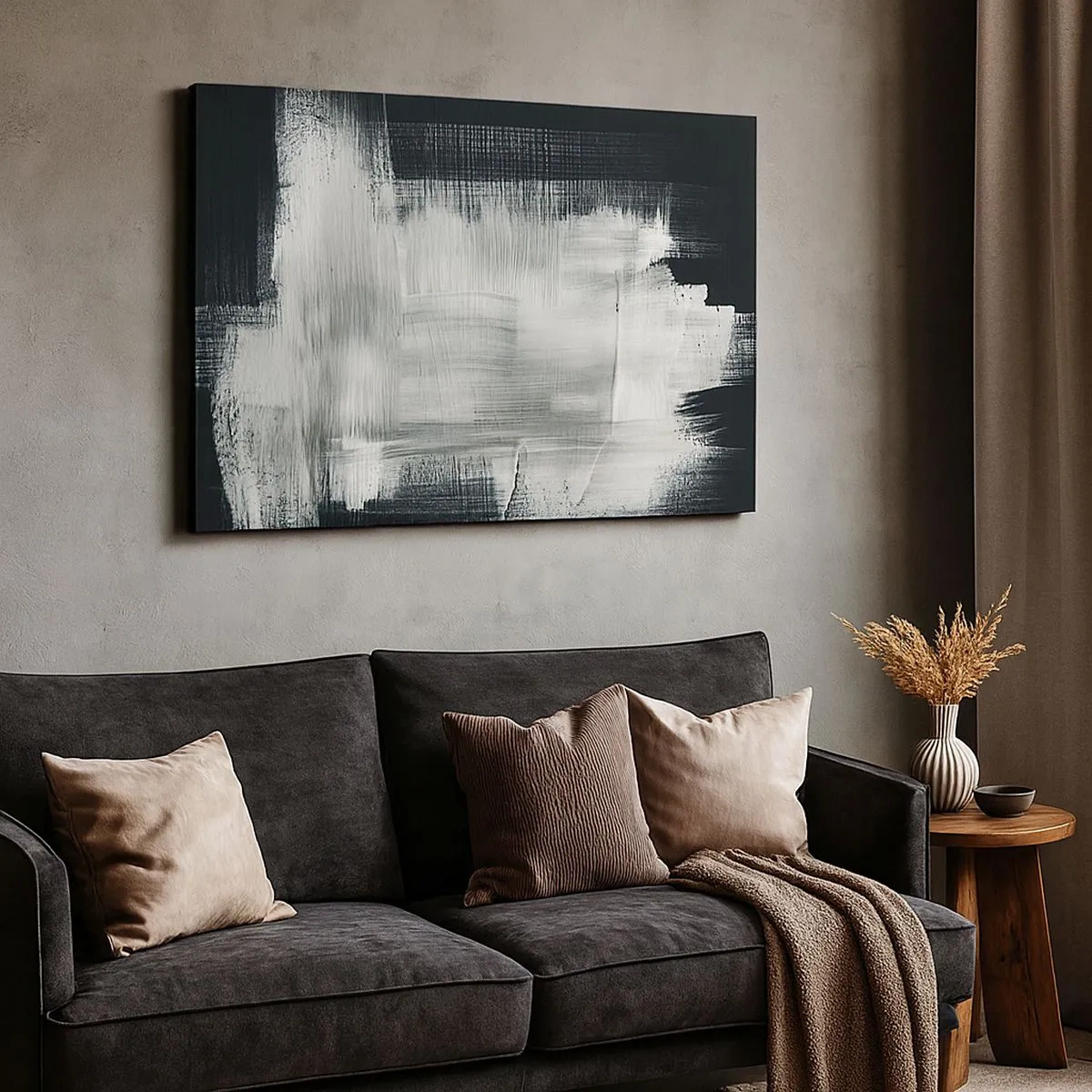 Schilderen op canvas - Witte abstracte strepen op een donkere achtergrond - 70x50cm - Geweven van verticaal en horizontaal - Moderne wanddecoratie voor woonkamer en slaapkamer ARTTOR
