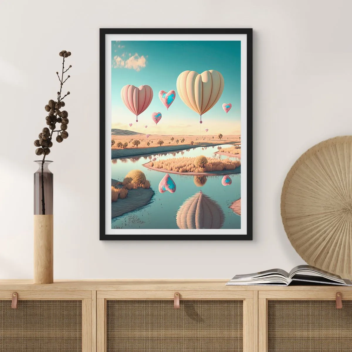 Poster in een zwarte lijst - Hartvormige ballonnen zweven over het landschap - 50x70cm - Liefde laat je vliegen - Moderne wanddecoratie voor woonkamer en slaapkamer ARTTOR