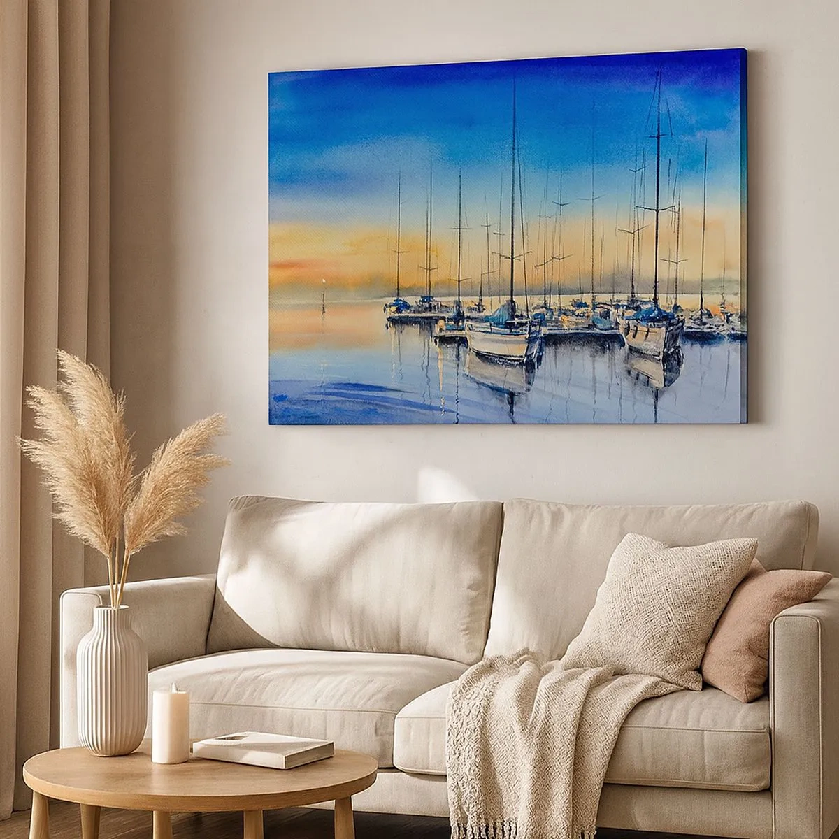 Schilderen op canvas - Jachthaven bij zonsondergang met weerspiegelingen op het water - 70x50cm - Einde van een goede dag - Moderne wanddecoratie voor woonkamer en slaapkamer ARTTOR