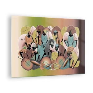 Schilderen op glas - Een abstracte illustratie van figuren in tinten beige, groen en roze. - 70x50cm - Er komt een geweldige vakantie aan - Moderne wanddecoratie voor woonkamer en slaapkamer ARTTOR