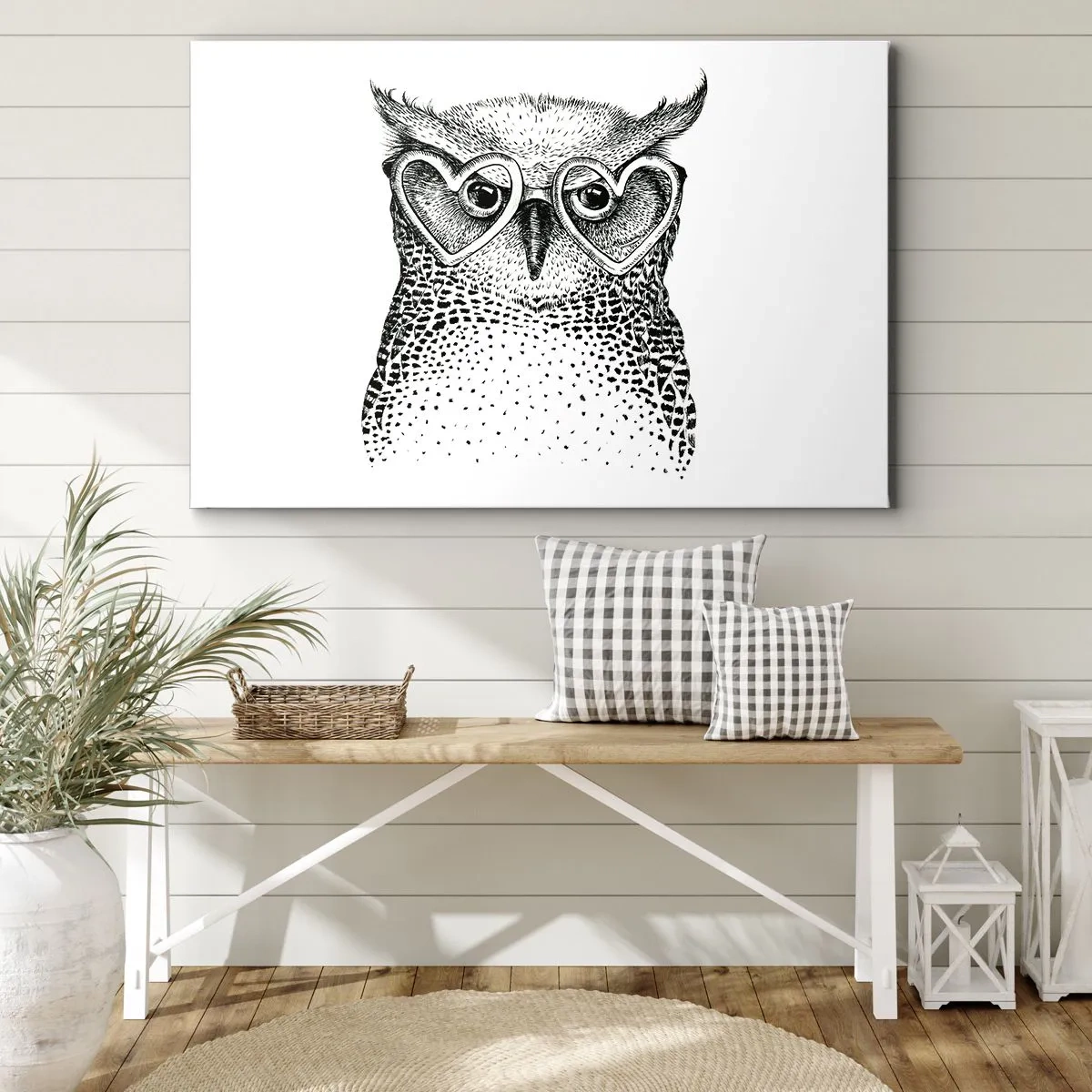 Schilderen op canvas - Stijlvolle afbeelding van een uil met een hartvormige bril - 70x50cm - Verstandig en met liefde - Moderne wanddecoratie voor woonkamer en slaapkamer ARTTOR