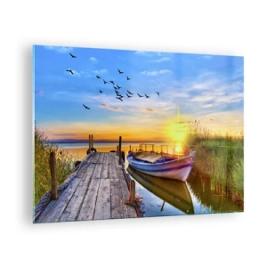 Schilderen op glas - Houten pier over een meer met een boot bij zonsopgang - 70x50cm - Ik zie je morgen - Moderne wanddecoratie voor woonkamer en slaapkamer ARTTOR