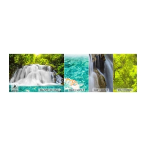 Fotobehang Monster Zelfklevend Deluxe Sticker - Een schuimige waterval van groen naar azuurblauw - Landschap, Waterval, Nationaal Park - 100x30 cm