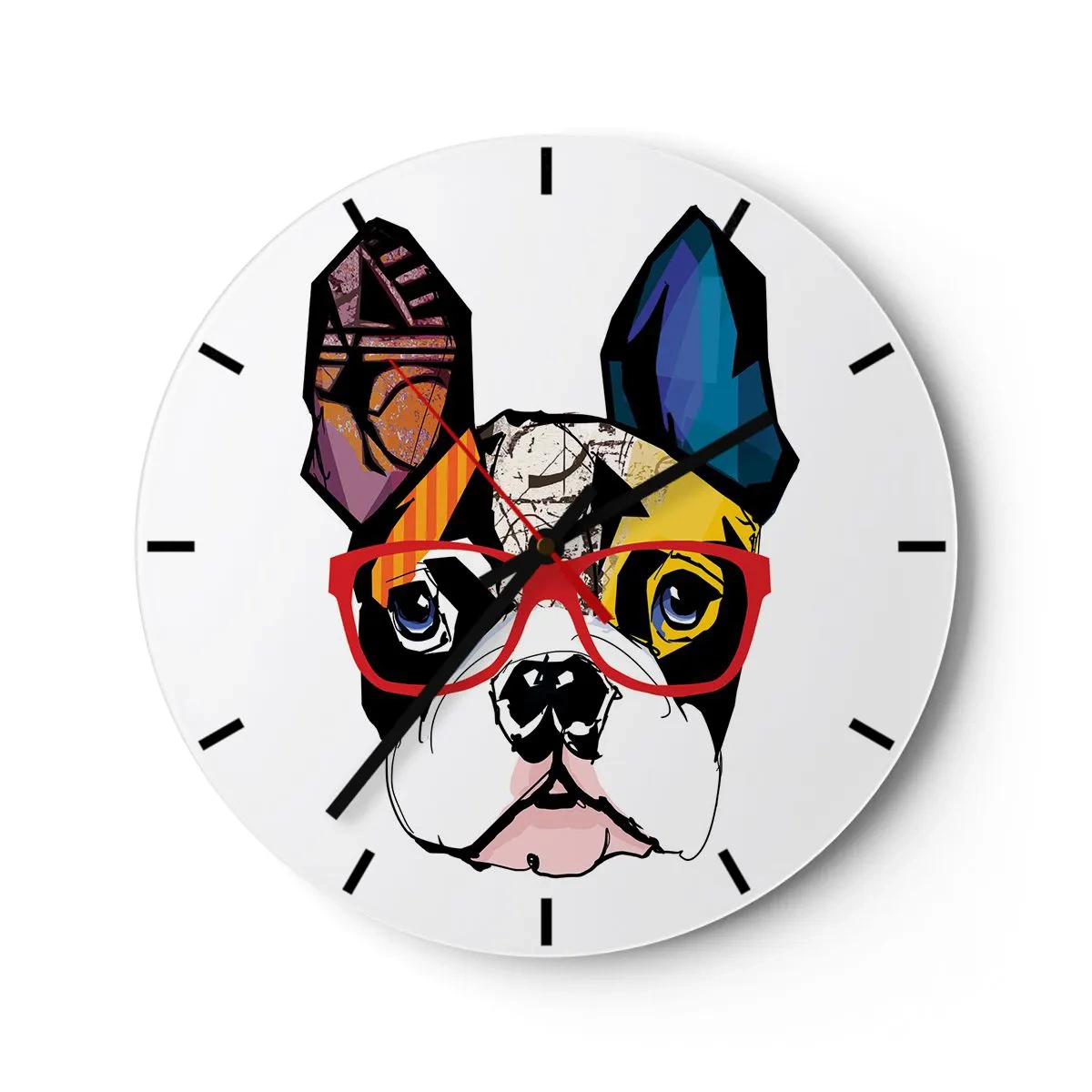 Wandklok - Klok - Kleurrijke tekening van een hond met een bril op een witte achtergrond - 30x30cm - intellectueel - Moderne wanddecoratie voor woonkamer, keuken en slaapkamer ARTTOR