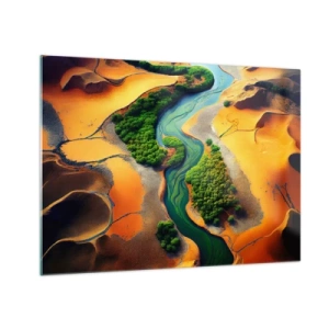 Schilderen op glas - Groene oases en een rivier tussen oranje duinen - 70x50cm - Levengevende rivier - Moderne wanddecoratie voor woonkamer en slaapkamer ARTTOR