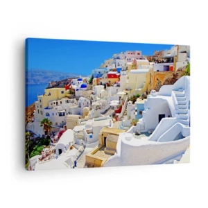 Schilderen op canvas - Panorama van Santorini met witte huizen en blauwe lucht - 70x50cm - De droom van een Griekse zomer - Moderne wanddecoratie voor woonkamer en slaapkamer ARTTOR