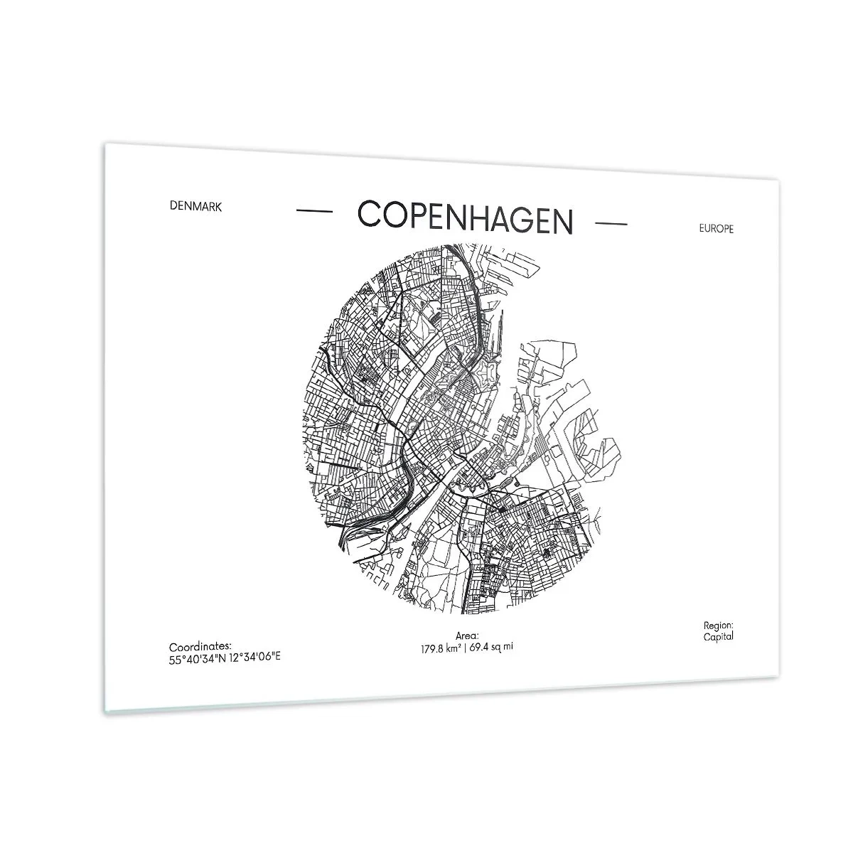 Schilderen op glas - Een kaart van Kopenhagen in de vorm van een grafische stratentekening - 70x50cm - Anatomie van Kopenhagen - Moderne wanddecoratie voor woonkamer en slaapkamer ARTTOR