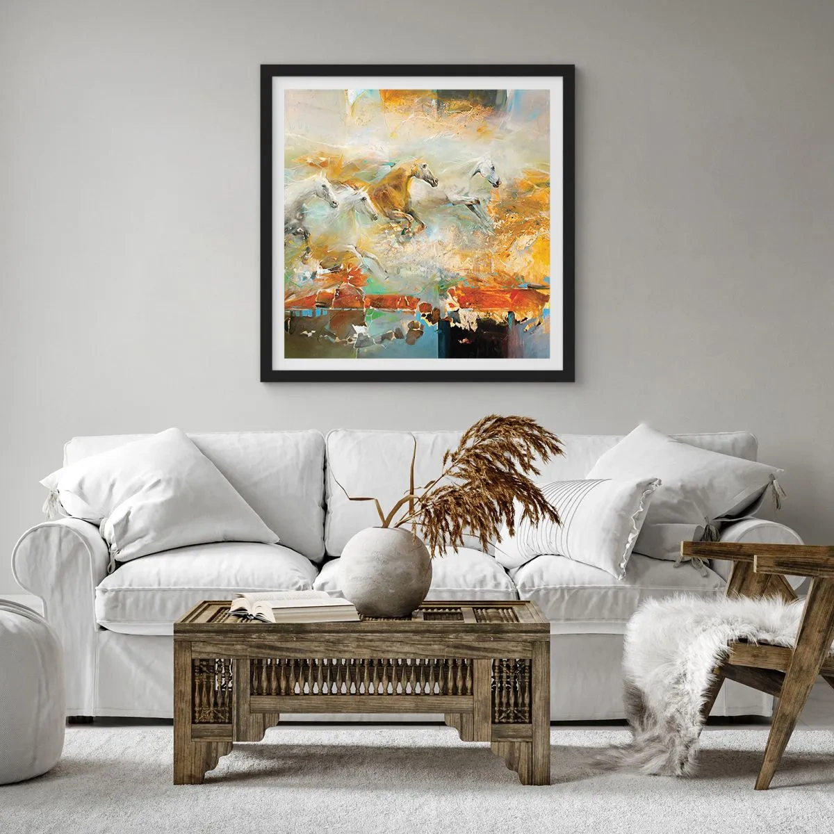 Poster in een zwarte lijst - Galopperen door het licht - 40x40 cm