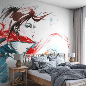 Fotobehang Premium Canvas - Er speelt iets in mij - Vrouw, Telefoon, Mode - 500x350 cm