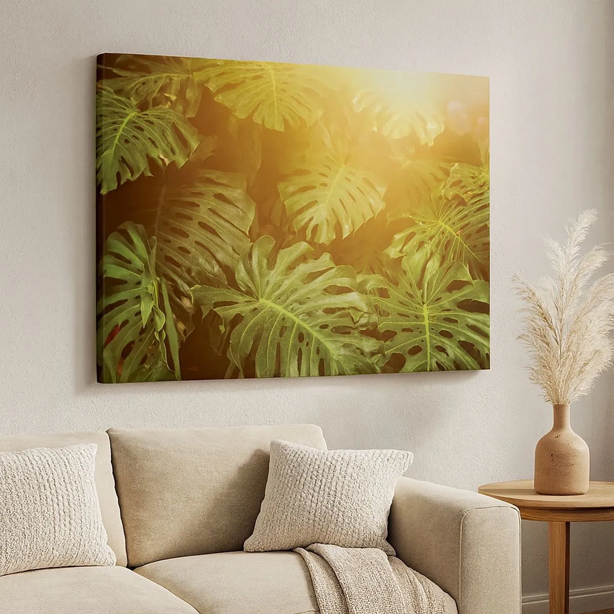 Schilderen op canvas - Monsterabladeren in het zonlicht tegen een natuurlijke achtergrond - 70x50cm - In het groen treden... - Moderne wanddecoratie voor woonkamer en slaapkamer ARTTOR