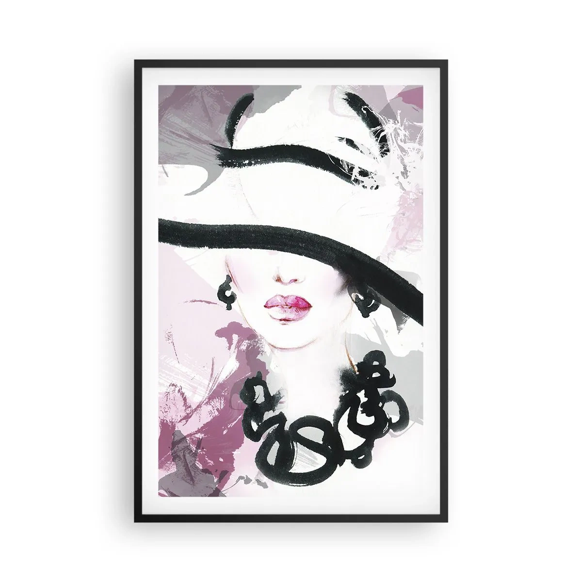 Poster in een zwarte lijst - Portret van een dame in zwart en roze - 61x91 cm