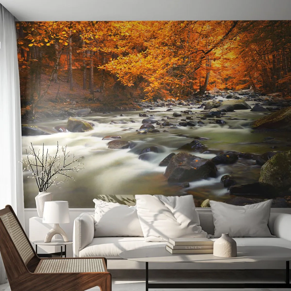 Zelfklevend Fotobehang Deluxe Sticker - Een stroom in een gouden bos - Landschap, Woud, Berg rivier - 250x175 cm