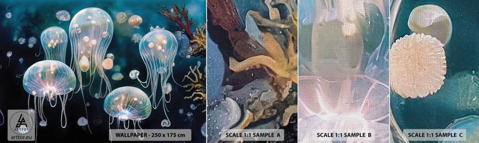 Fotobehang Monster Premium Canvas - Ondferwaterbal - Kwallen, Dieren, Diepten - 100x30 cm