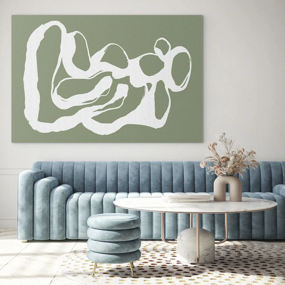Schilderen op glas - Abstracte witte organische vorm op een olijfkleurige achtergrond - 70x50cm - De roep van de ruimte - Moderne wanddecoratie voor woonkamer en slaapkamer ARTTOR