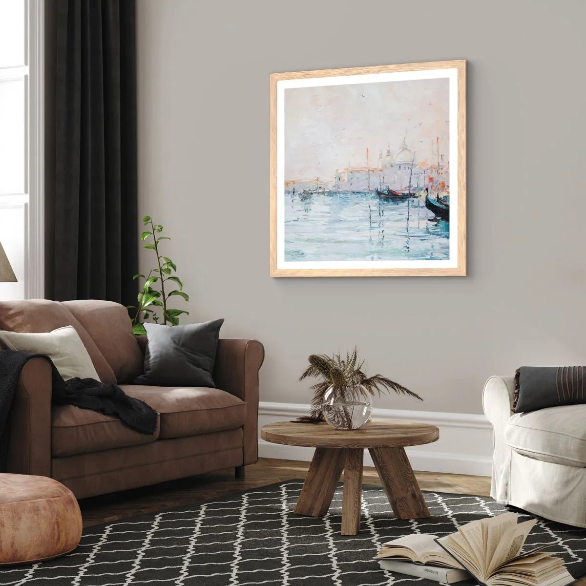 Een poster in een licht eiken lijst - Achter het water, achter de mist - 60x60 cm